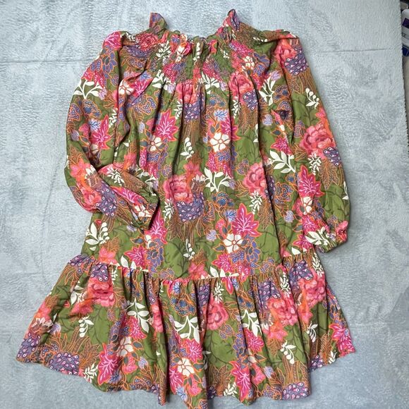 J. Marie Smocked Neck Olive Floral Boho Dress Size M - Picture 2 of 14